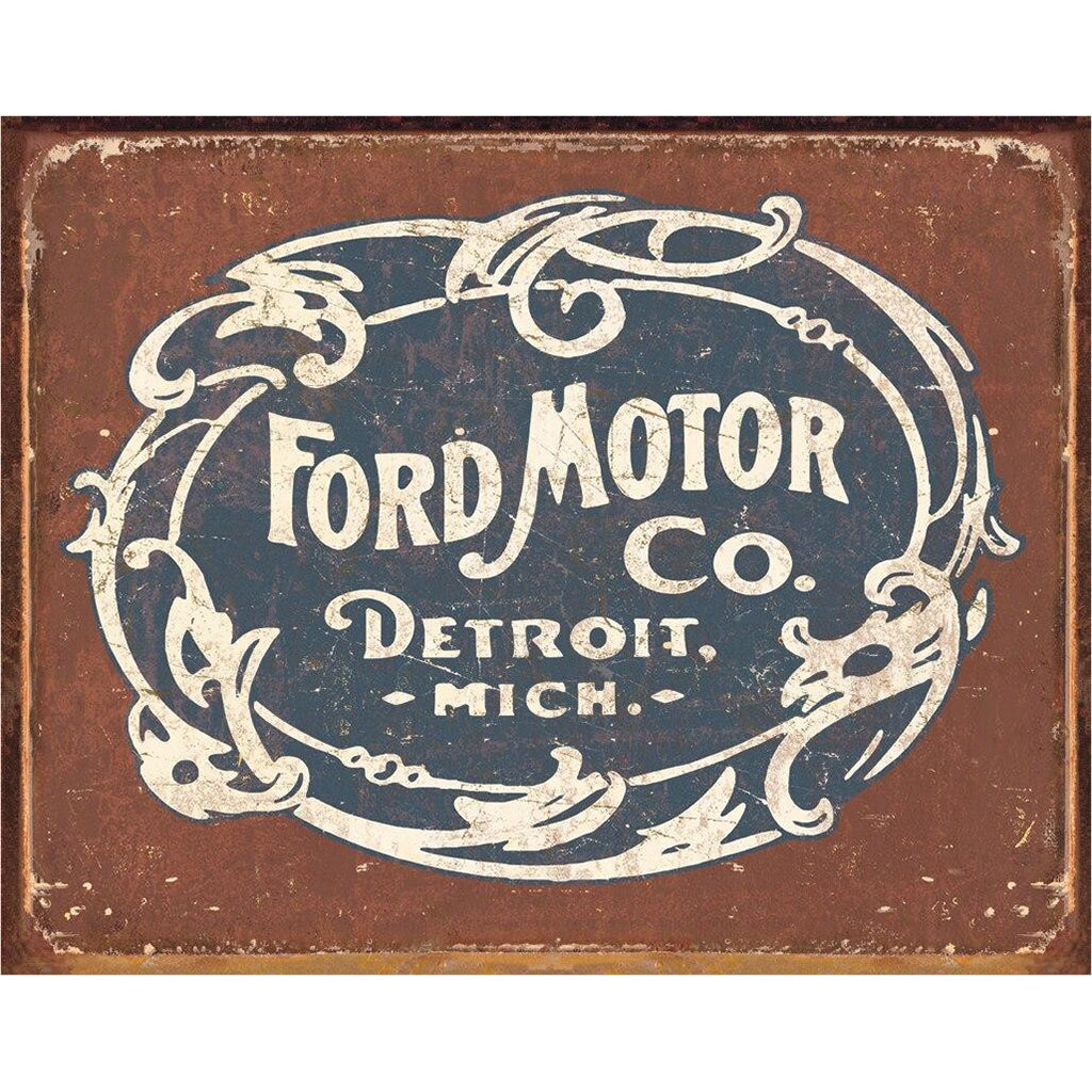 Vintage-style sign with 'Ford Motor Co. Detroit, Mich.' text on a brown background