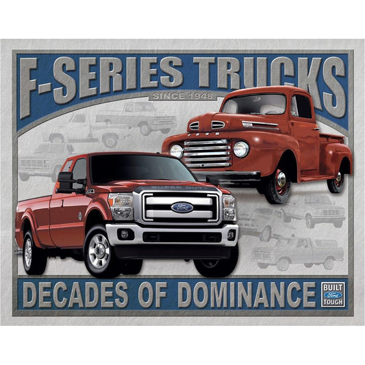 Advertisement for F-Series trucks showing a modern and vintage truck design.