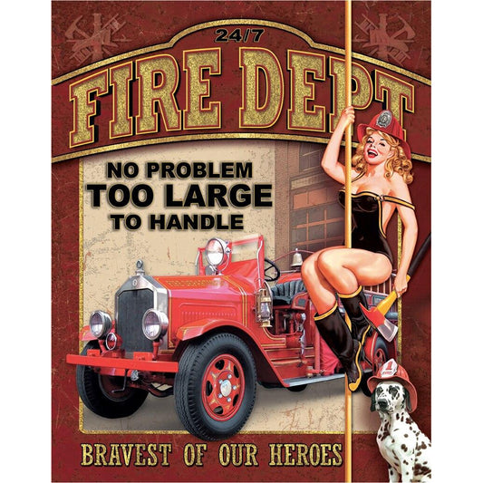 Vintage-style sign with a fire truck, woman in a fire helmet, and text about the fire department.