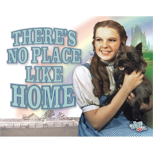 Vintage-style promotional image with a character holding a dog, featuring text 'There's No Place Like Home' and a famous movie scene in the background.