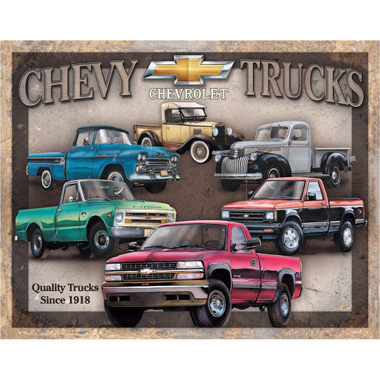 Vintage-style advertisement for Chevrolet trucks featuring different models and the brand logo.