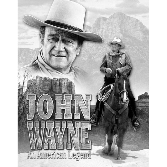 Black and white image of a cowboy with text 'John Wayne: An American Legend' against a mountainous background.