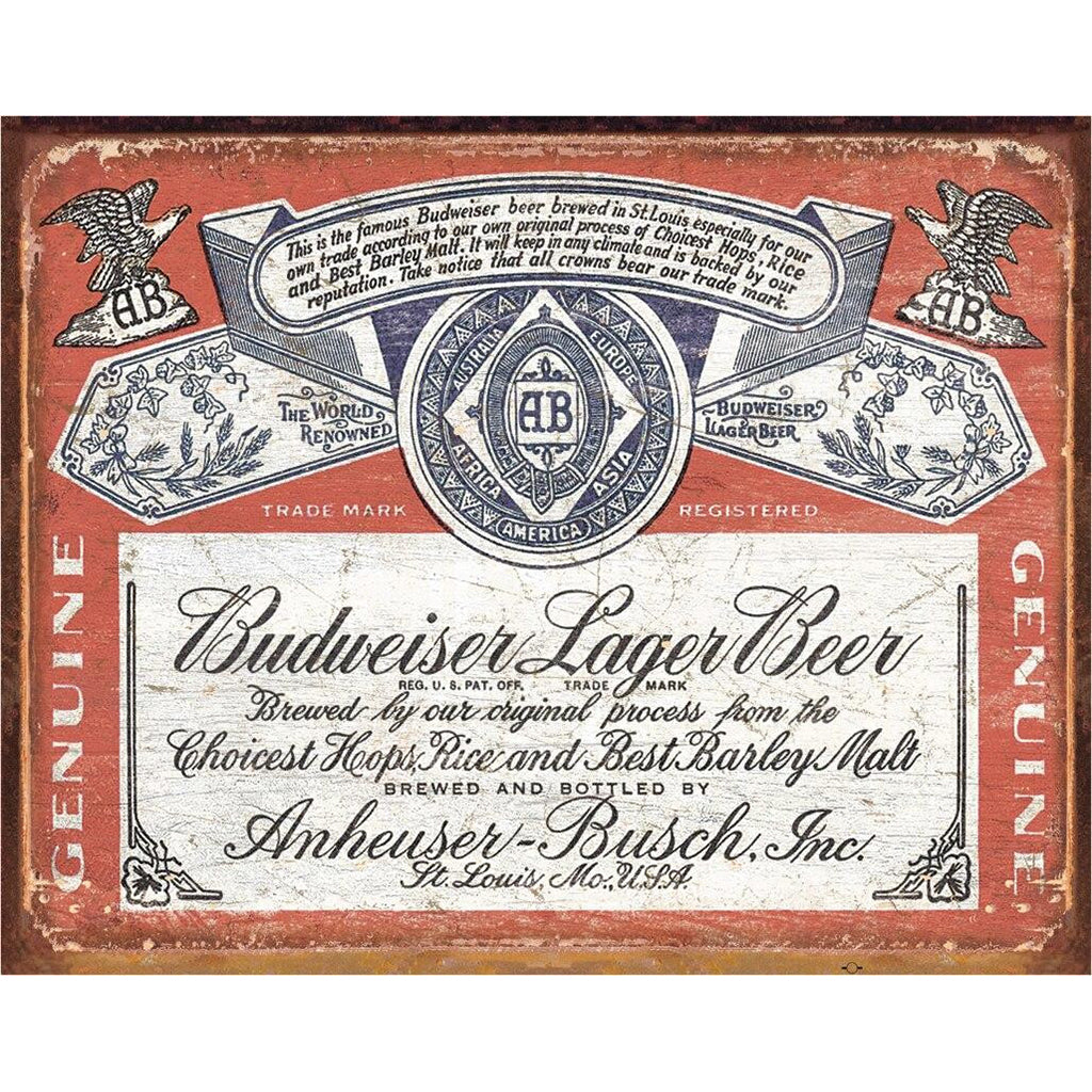 Vintage-style Budweiser Lager Beer sign with red background and white text
