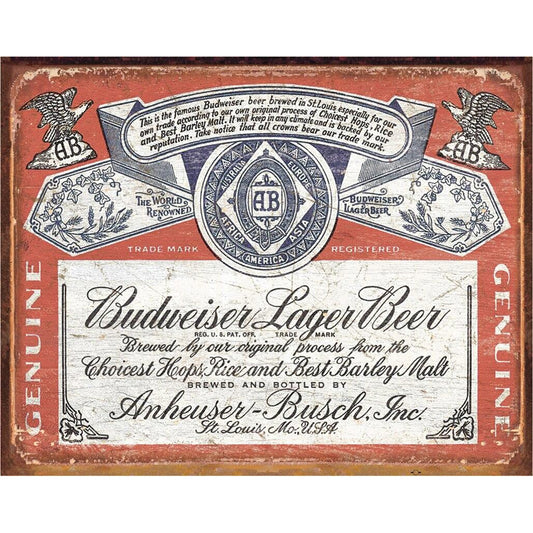 Vintage-style Budweiser Lager Beer sign with red background and white text