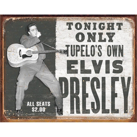 Vintage-style sign featuring Elvis Presley playing guitar with promotional text.