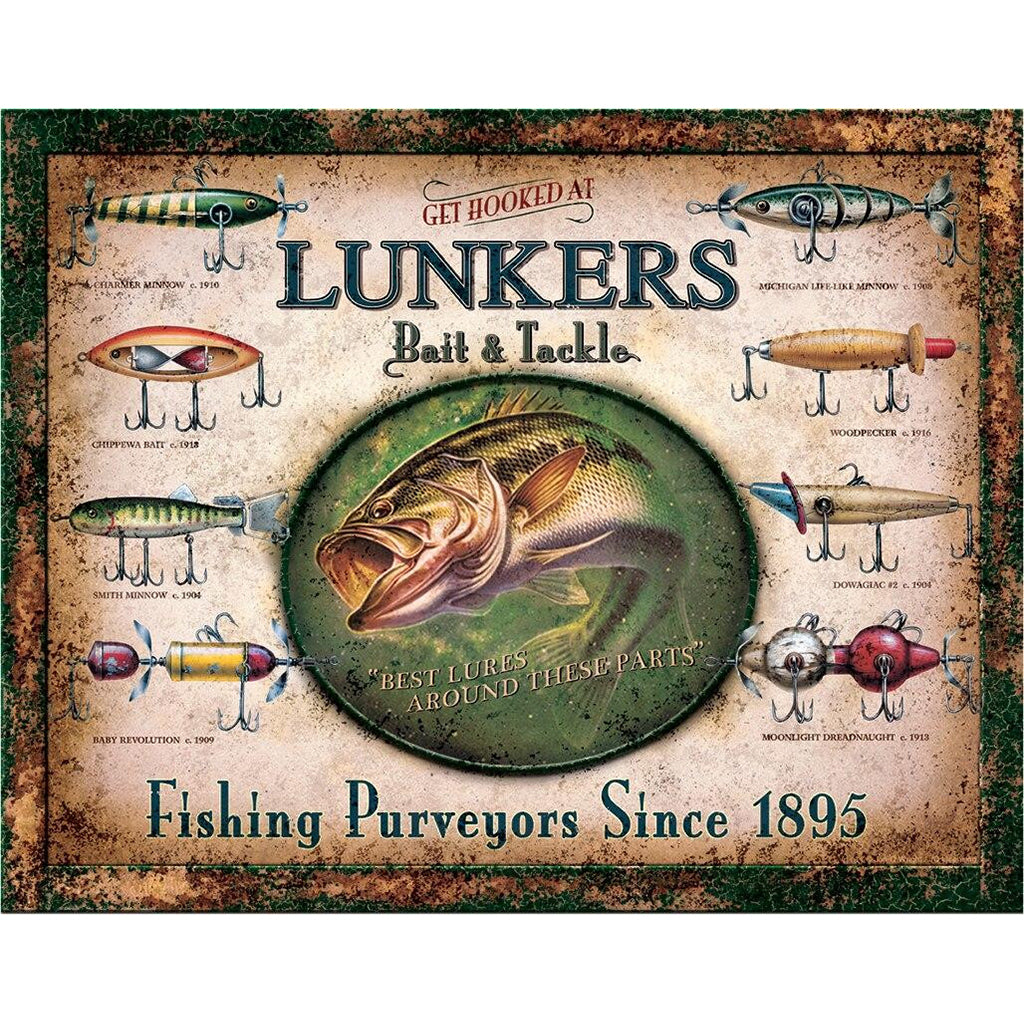Vintage-style advertisement for Lunkers Bait & Tackle with fishing lures and a fish illustration.