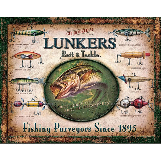 Vintage-style advertisement for Lunkers Bait & Tackle with fishing lures and a fish illustration.