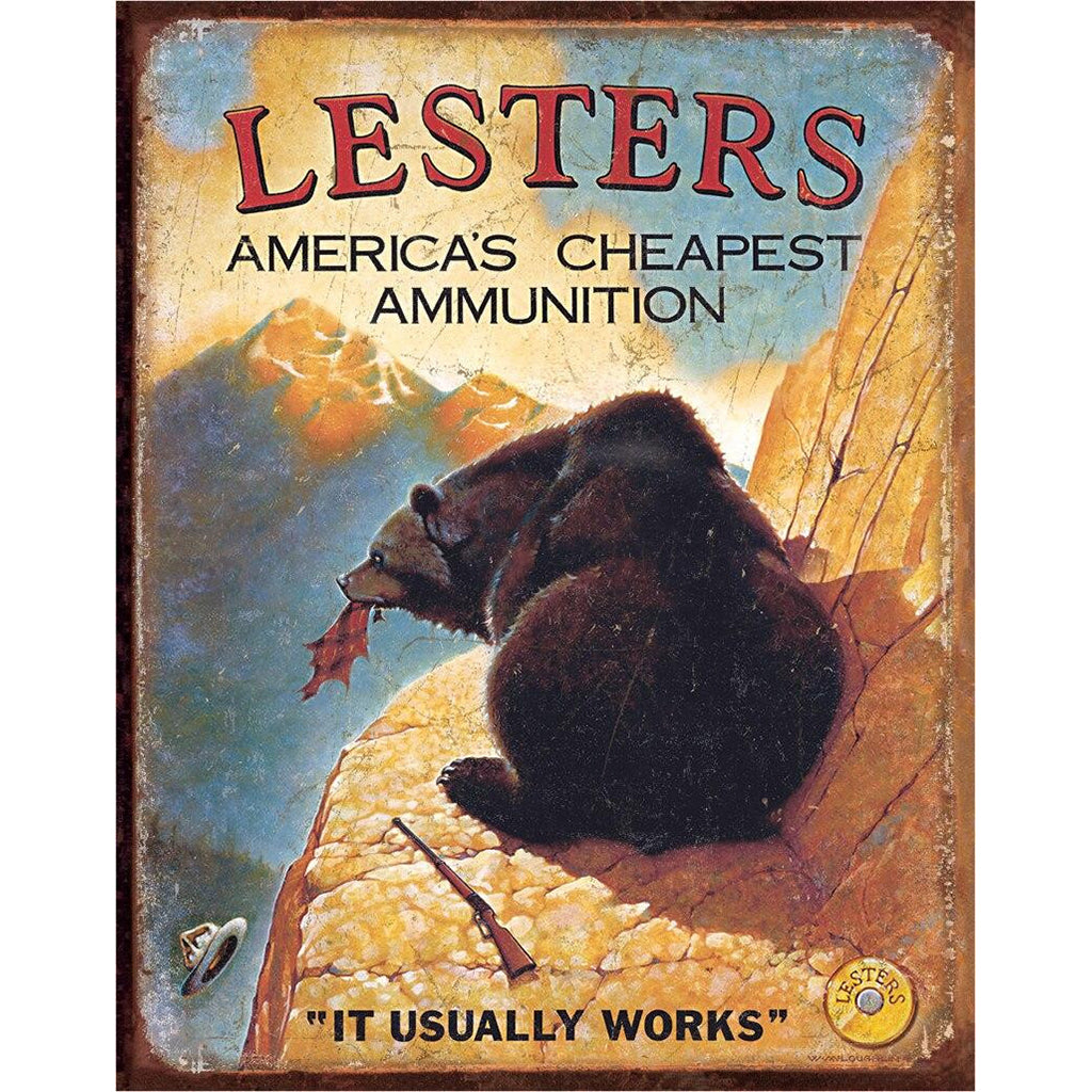 Vintage-style advertisement sign featuring a bear and text about Lesters ammunition.