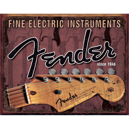 Fender logo with guitar headstock design on a red background