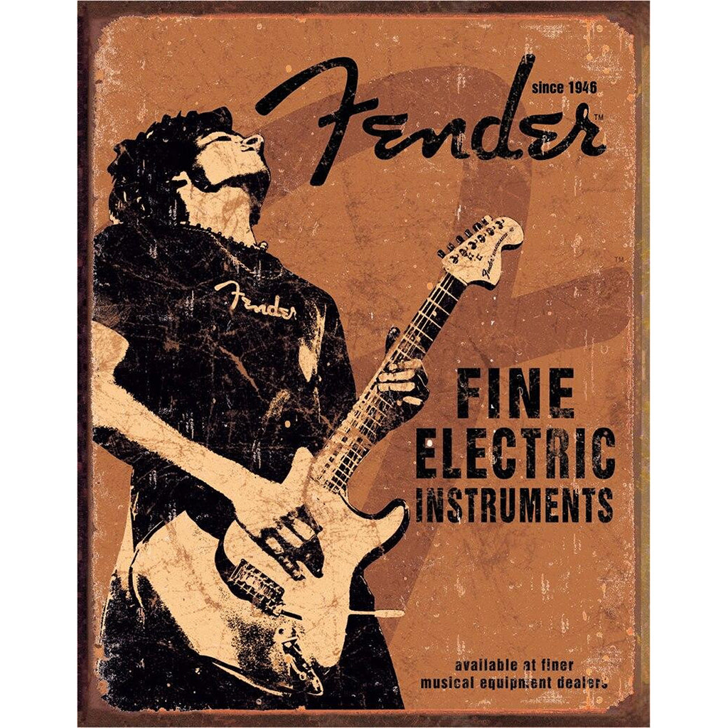 Fender advertisement with a person playing an electric guitar on a brown background