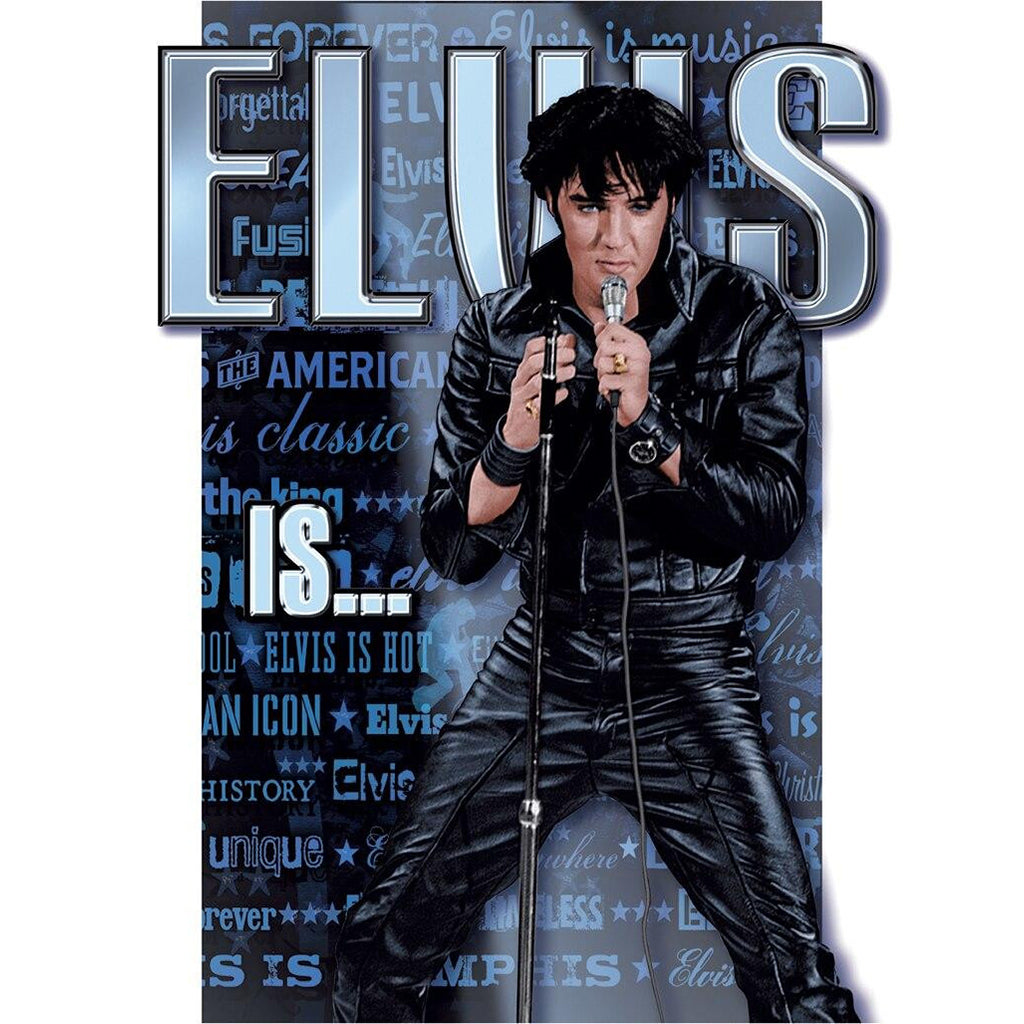 Person in black leather outfit holding a microphone with 'ELVIS' text in the background
