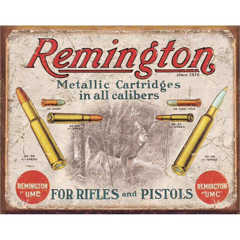 Remington metallic cartridges advertisement with bullets and a deer illustration on a vintage-style background.