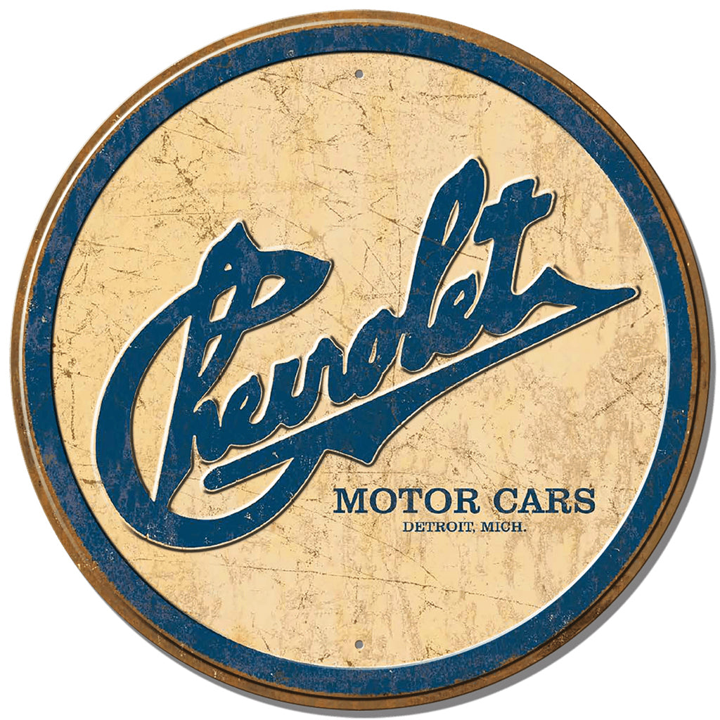 Vintage Chevrolet logo on a round, distressed background