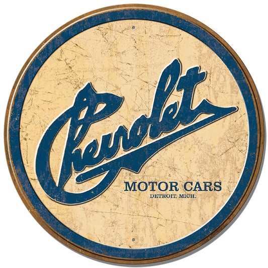 Vintage Chevrolet logo on a round, distressed background