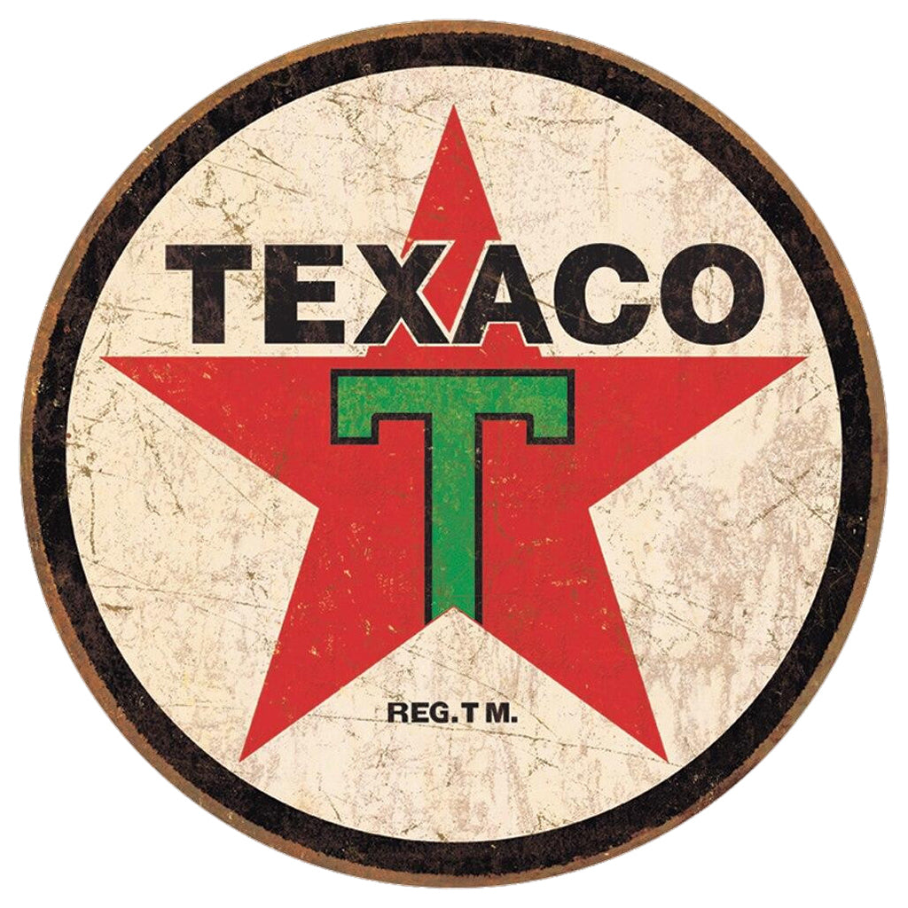 Vintage Texaco logo with red star and green 'T' on a beige background