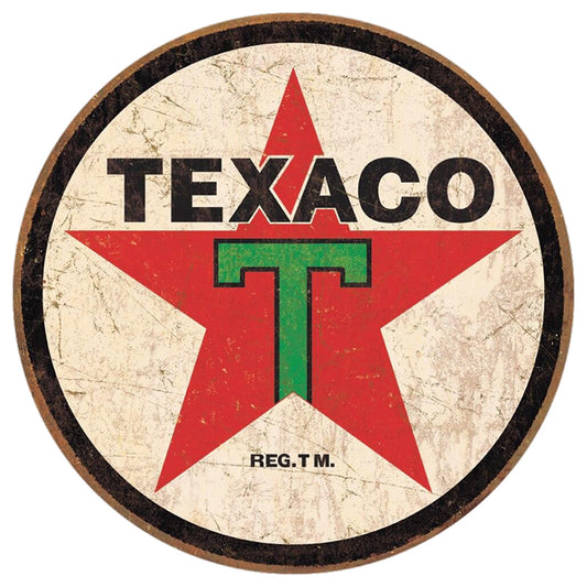 Vintage Texaco logo with red star and green 'T' on a beige background