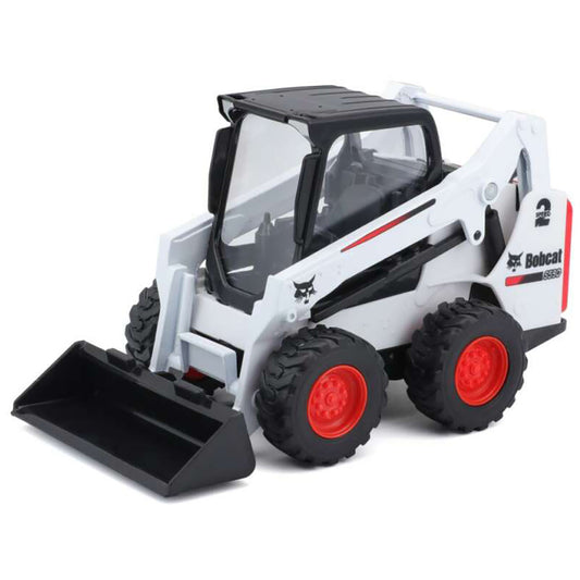 A toy model of a Bobcat 355R skid steer loader with a black bucket attachment, featuring a white body, black cabin and bucket, and red wheels, shown on a white background.