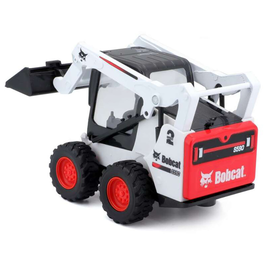 A Bobcat 5500 toy model of a skid steer loader, featuring a white body, black cabin and tires, and a red rear housing with the Bobcat logo.