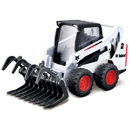 A white and black Bobcat toy skid steer loader with a black claw attachment on the front and red wheels, shown on a clean white background.