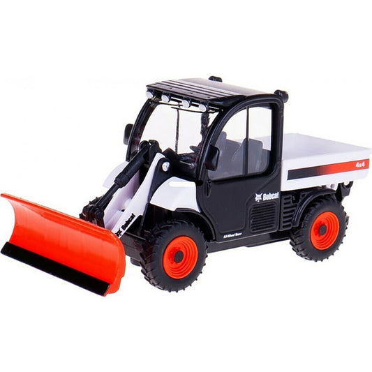 A toy model of a Kubota 4x4 snowplow vehicle, featuring a black and white body with a bright orange snow blade and orange wheel hubs, set against a plain white background.