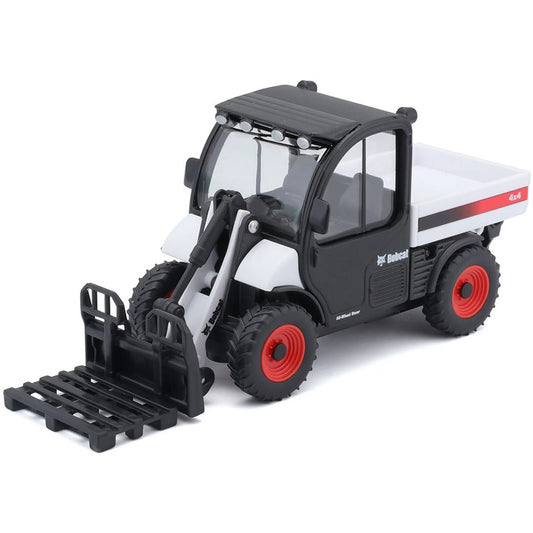 A small toy construction vehicle modeled after a mini skid steer or forklift, shown on a clean white background. The toy features a black and white body with bright red wheels and a black front loader attachment.