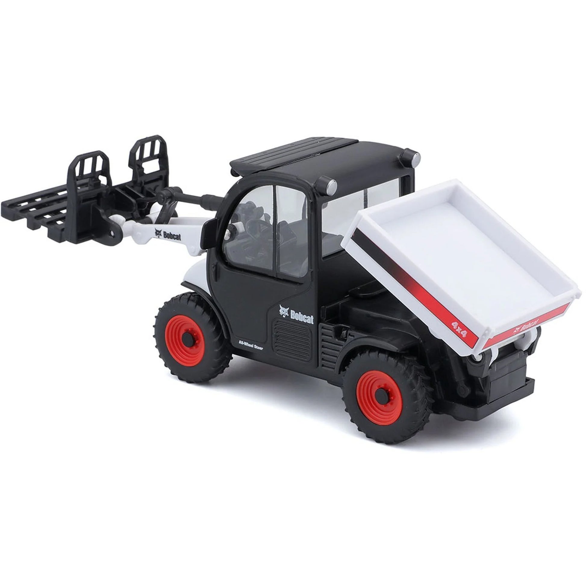 A small black and white toy dump truck with red wheels and a front fork attachment, photographed on a clean white background.