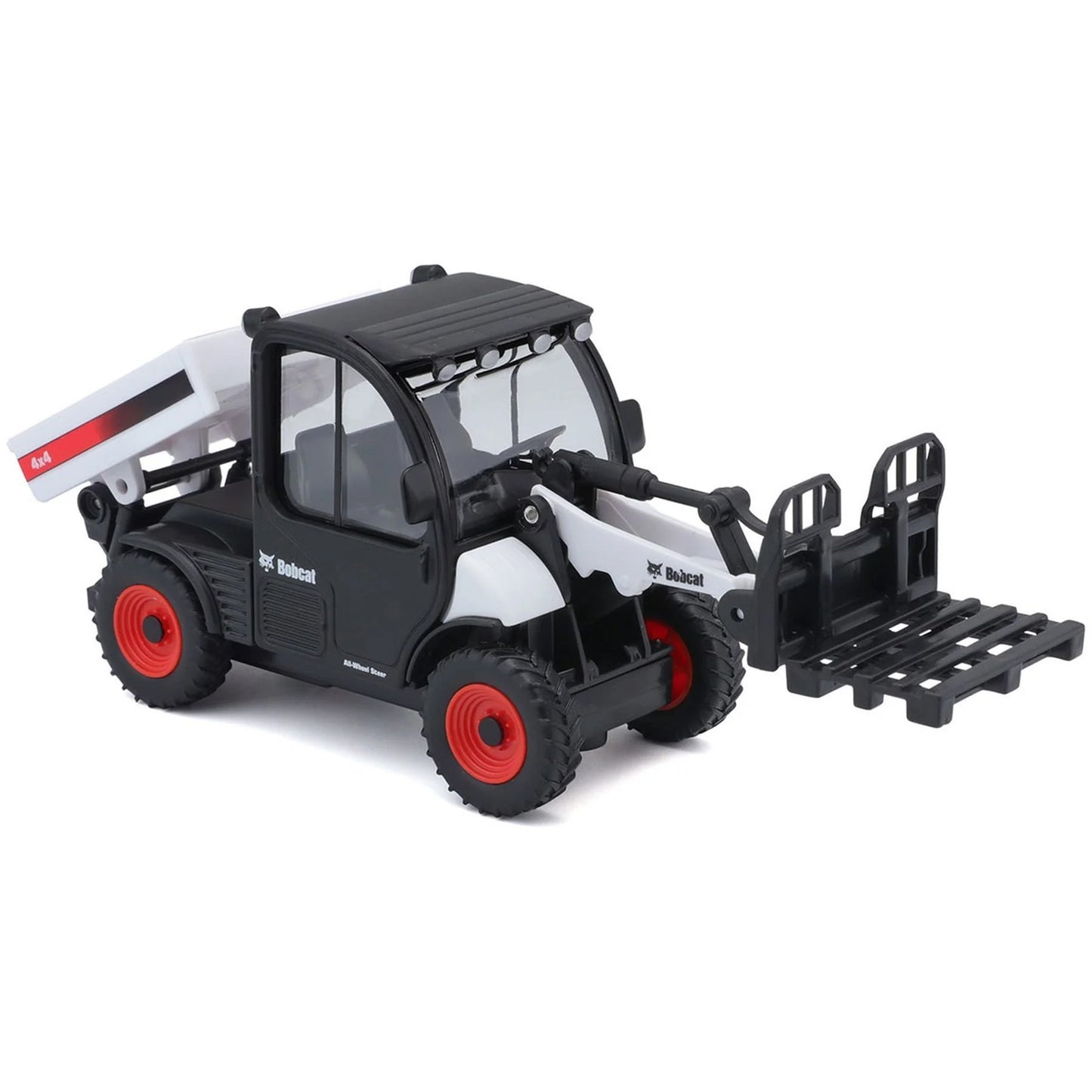 A miniature toy model of a white and black Skidaway telehandler with red wheels and a black front loader attachment, shown on a plain white background.