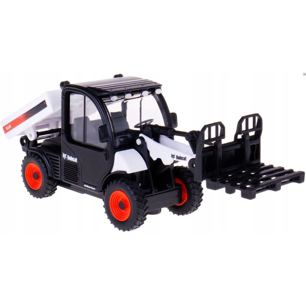 A toy model of a Skidaway telehandler with a front loader attachment, featuring a black and white body with bright orange wheels, on a plain white background.