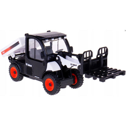 A toy model of a Skidaway telehandler with a front loader attachment, featuring a black and white body with bright orange wheels, on a plain white background.
