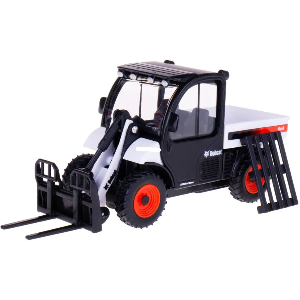 A small white and black toy forklift with bright orange-red wheels, shown on a plain white background. The side of the vehicle shows the brand name 'Bulldog'.