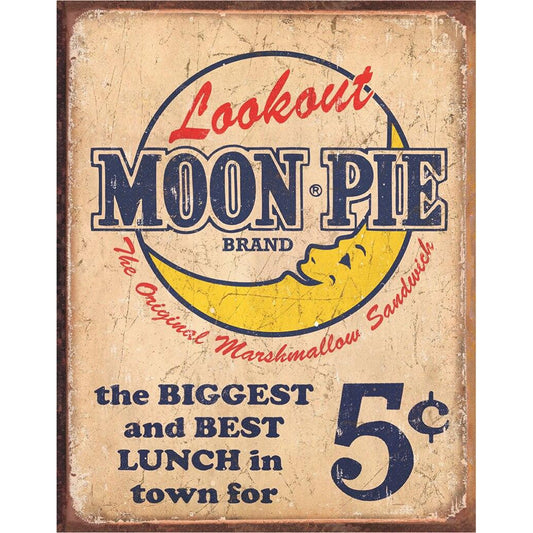 Vintage-style advertisement for Moon Pie brand with moon graphic and text.