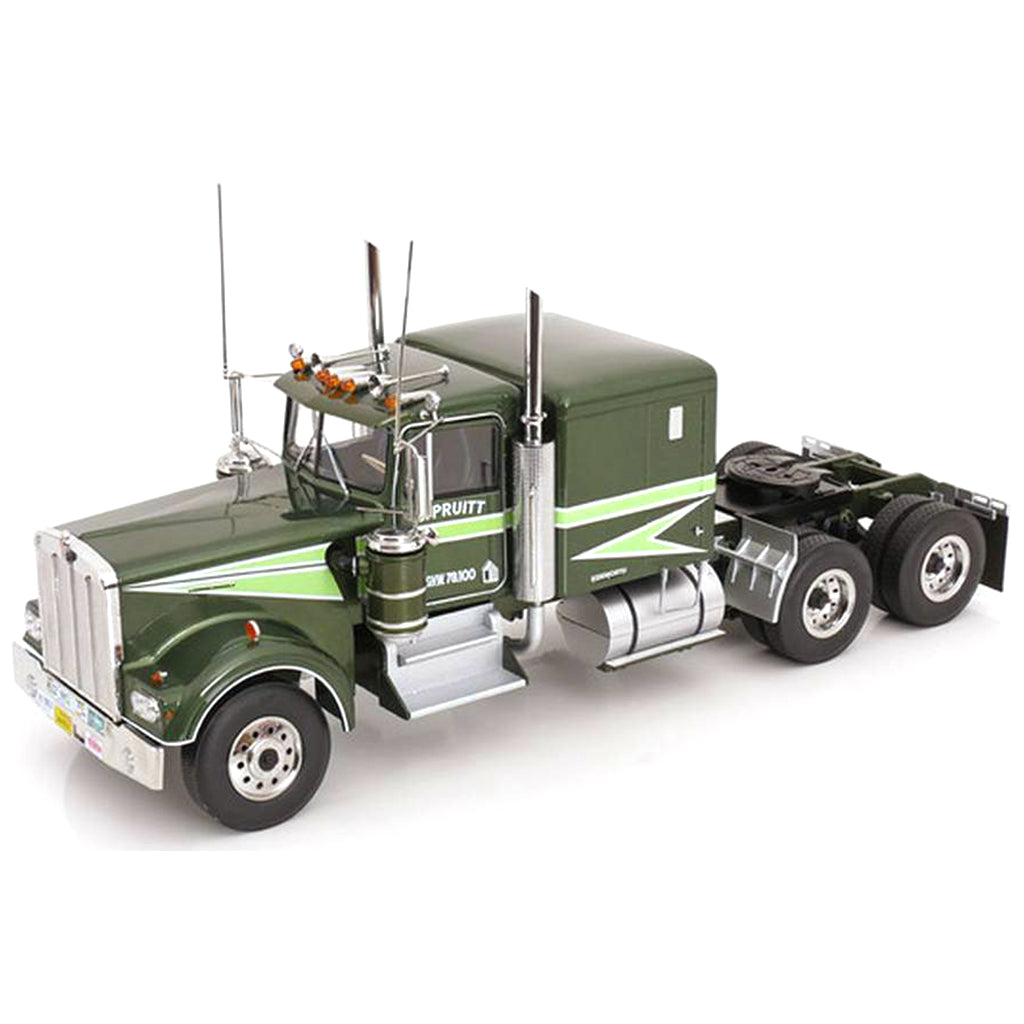 Model of Sonny Pruitt's green Kenworth W900A semi-truck from the tv show Movin' On on a white background