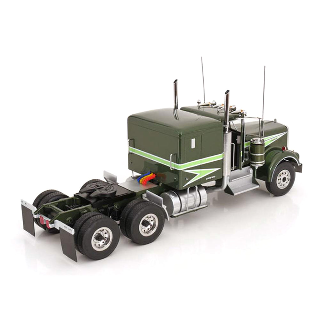 Model of Sonny Pruitt's green Kenworth W900A semi-truck from the tv show Movin' On on a white background
