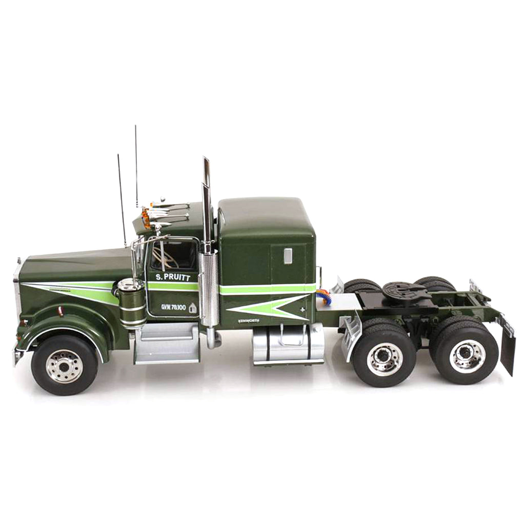 Model of Sonny Pruitt's green Kenworth W900A semi-truck from the tv show Movin' On on a white background