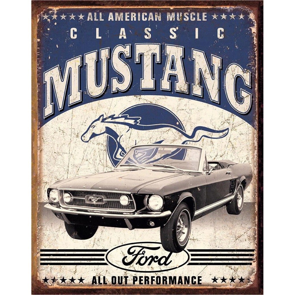 Tin Sign with a vintage advertising poster for the Ford Mustang