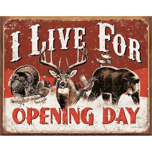 Vintage-style sign with animals and text 'I Live For Opening Day' on a red background