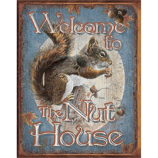 Decorative sign with a squirrel and text 'Welcome to the Nut House' on a blue background.