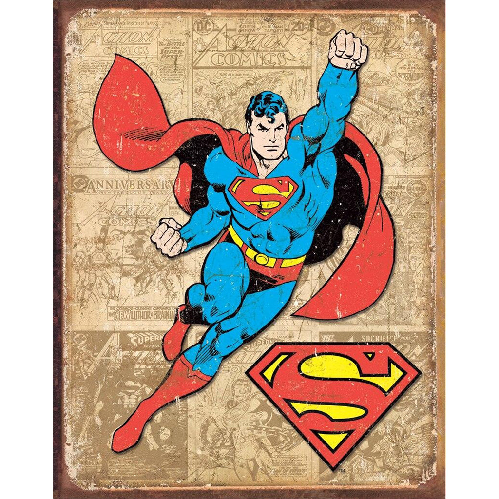 Superman character with red cape and blue suit on a vintage comic book background