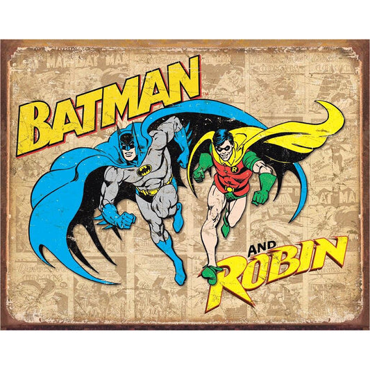 Vintage-style poster of Batman and Robin with retro design elements.