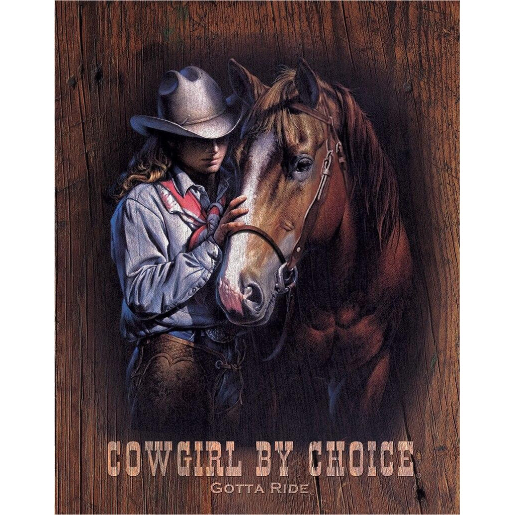 Tin Sign with an image of a girl in western wear and her horse on a wooden background