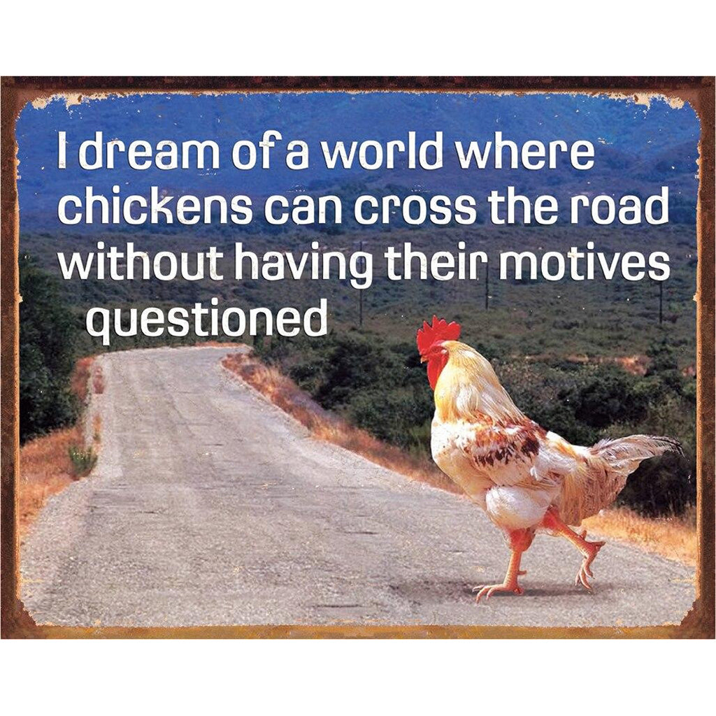 Tin Sign with a Chicken Crossing the Road