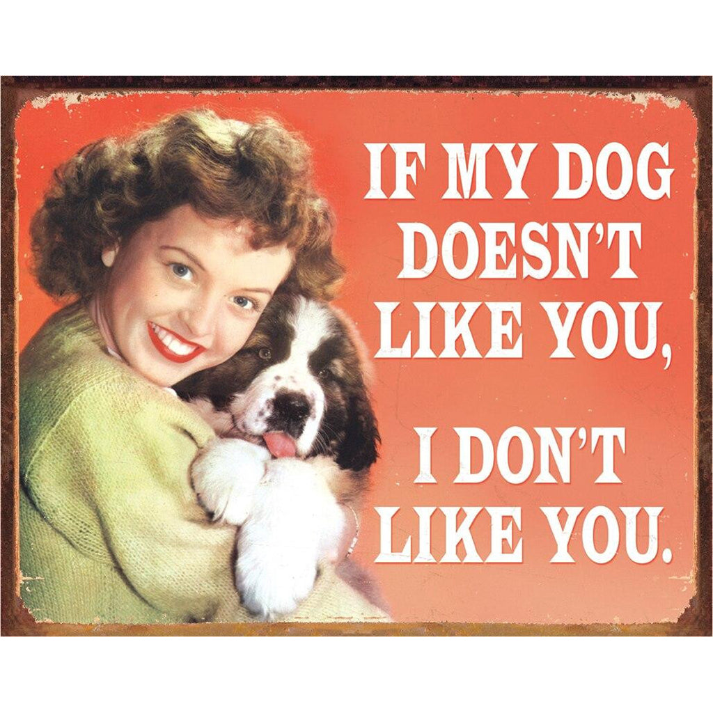Vintage-style sign with a woman holding a dog and text on a red background