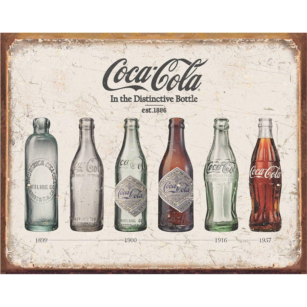 Vintage-style Coca-Cola sign with evolution of bottle designs from 1899 to 1957.