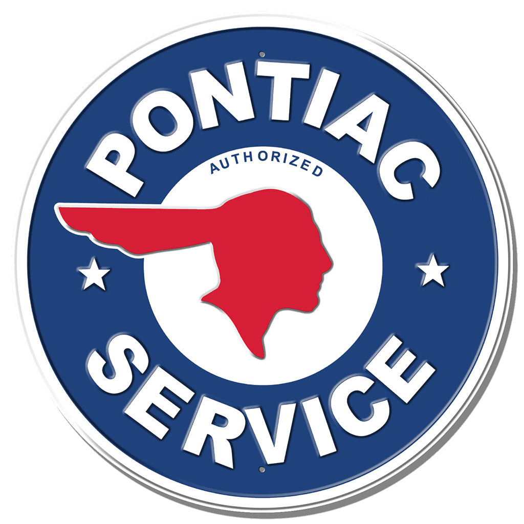 Pontiac Service logo with red silhouette and blue background