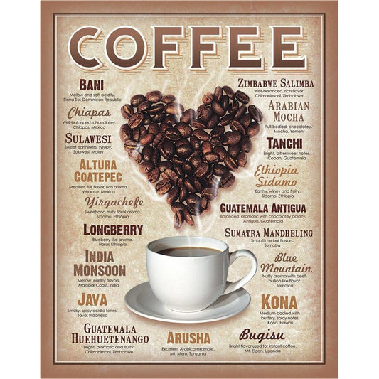 Poster with coffee beans shaped like a heart and a cup of coffee, featuring various coffee names and descriptions.