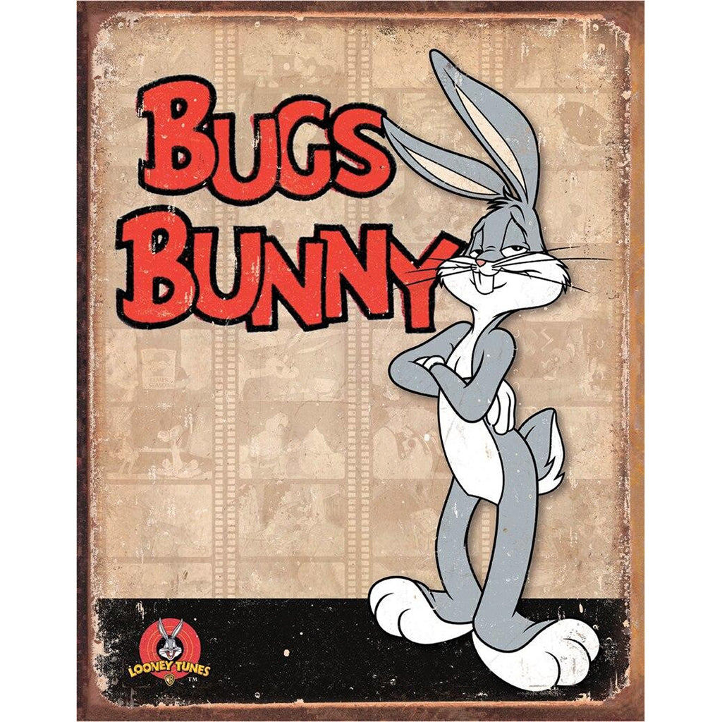 Vintage-style sign with Bugs Bunny and Looney Tunes logo on a textured background