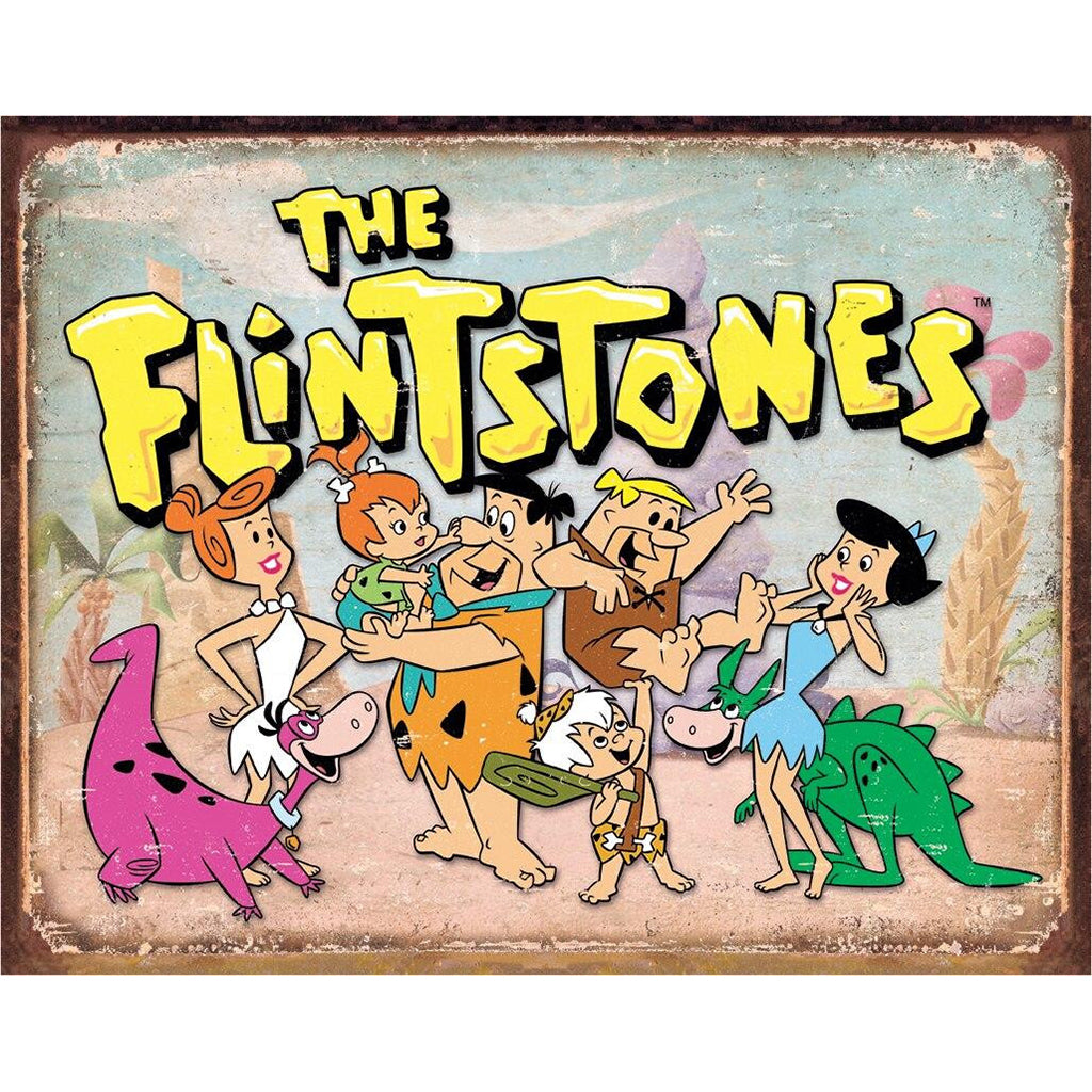Vintage-style 'The Flintstones' poster with cartoon characters and dinosaurs.