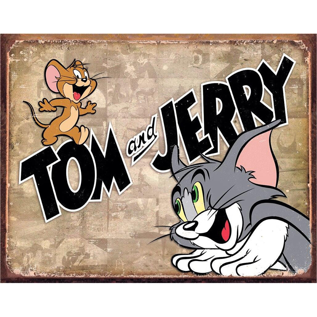 Vintage-style sign featuring Tom and Jerry with a rustic background