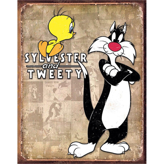 Vintage-style poster featuring Sylvester and Tweety with a retro background.