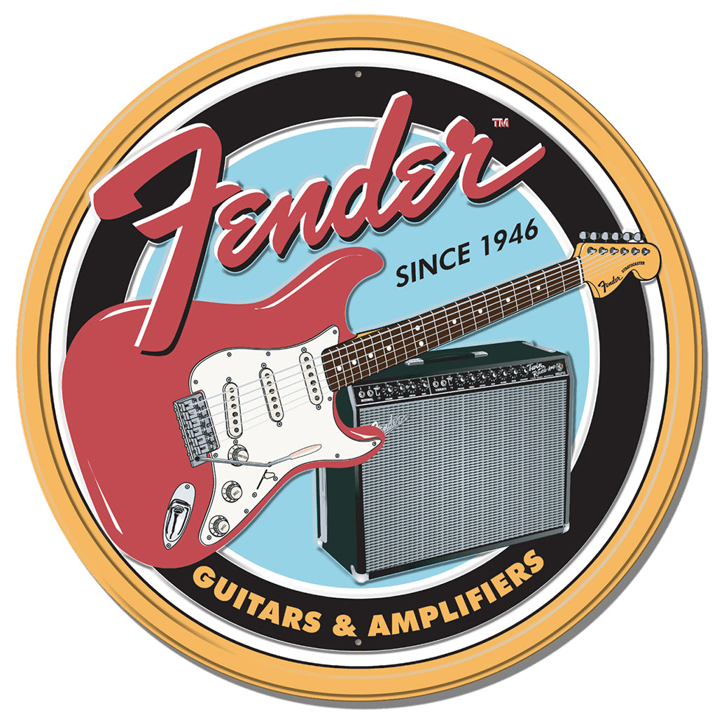 Fender logo with guitar and amplifier on a circular background